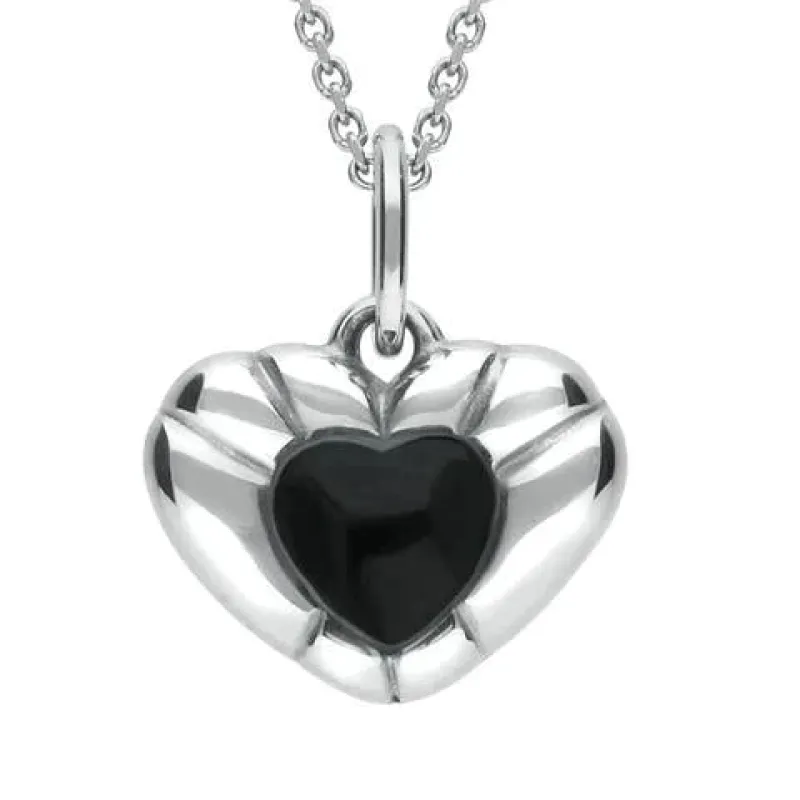 Sterling Silver Whitby Jet Ridged Heart Necklace sold by Jura Watches