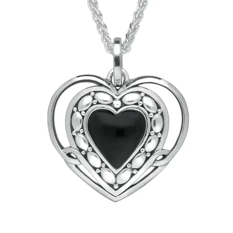 Sterling Silver Whitby Jet Pattern Open Heart Necklace sold by Jura Watches