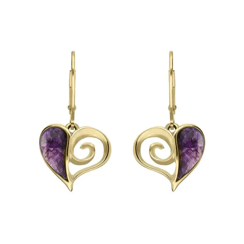9ct Yellow Gold Blue John Swirl Heart Hook Drop Earrings sold by Jura Watches