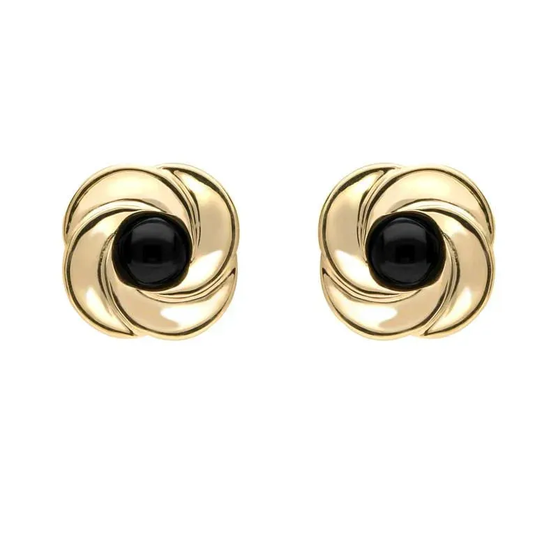 9ct Yellow Gold Whitby Jet Round Swirl Stud Earrings sold by Jura Watches