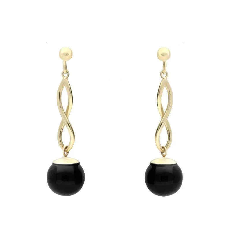 9ct Yellow Gold Whitby Jet 8mm Bead Twist Drop Earrings sold by Jura Watches