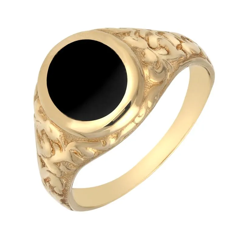 9ct Yellow Gold Whitby Jet Carved Shoulder Oval Signet Ring sold by Jura Watches