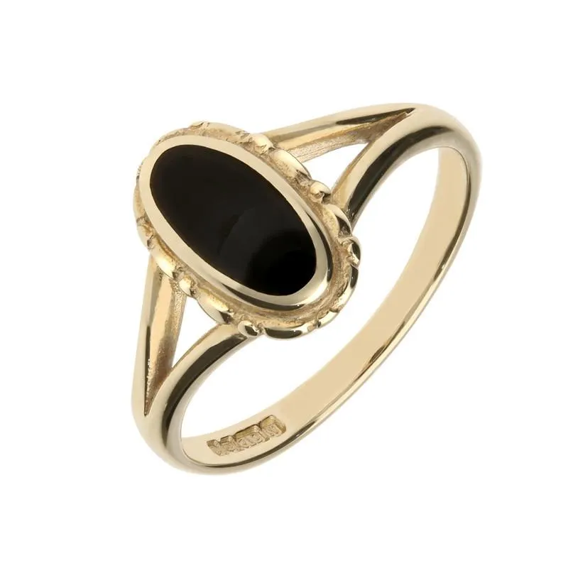 9ct Yellow Gold Whitby Jet Oval Split Shank Ring sold by Jura Watches