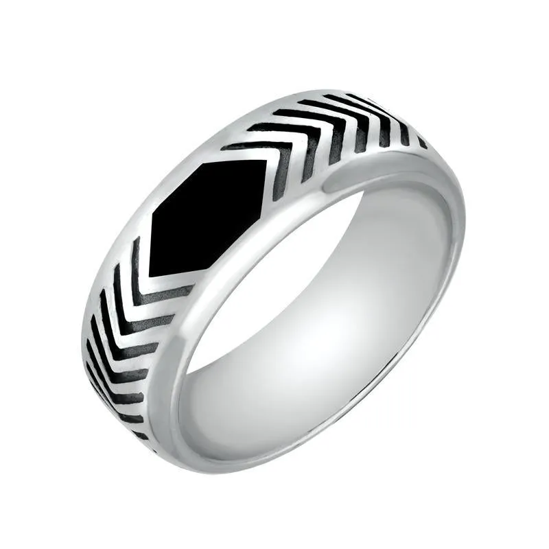 Sterling Silver Whitby Jet Chevron Patterned 8mm Band Ring sold by Jura Watches