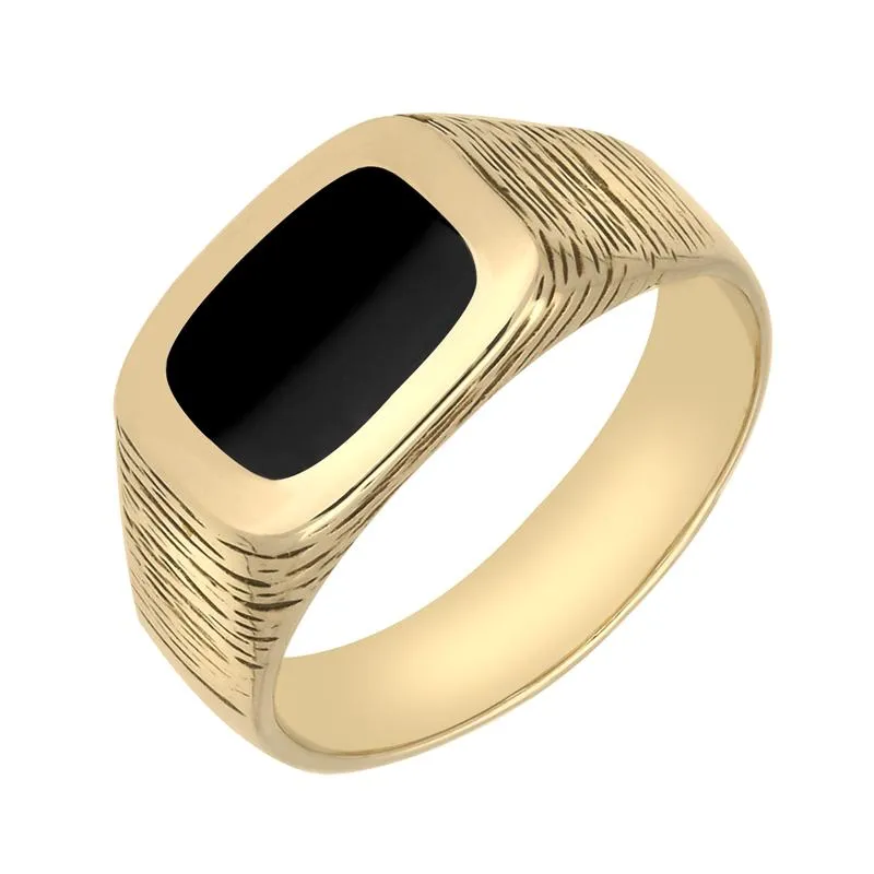 9ct Yellow Gold Whitby Jet Oblong Bark Effect Signet Ring sold by Jura Watches