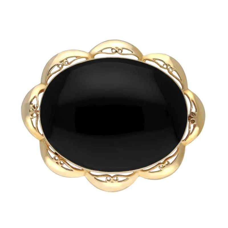 9ct Yellow Gold Whitby Jet Framed Frill Edge Oval Brooch sold by Jura Watches