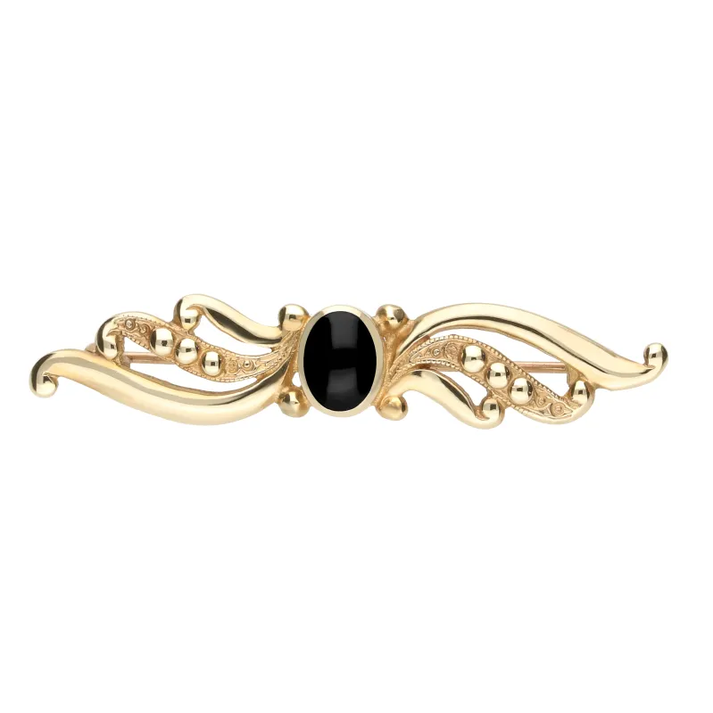 9ct Yellow Gold Whitby Jet Scroll Bead Brooch sold by Jura Watches