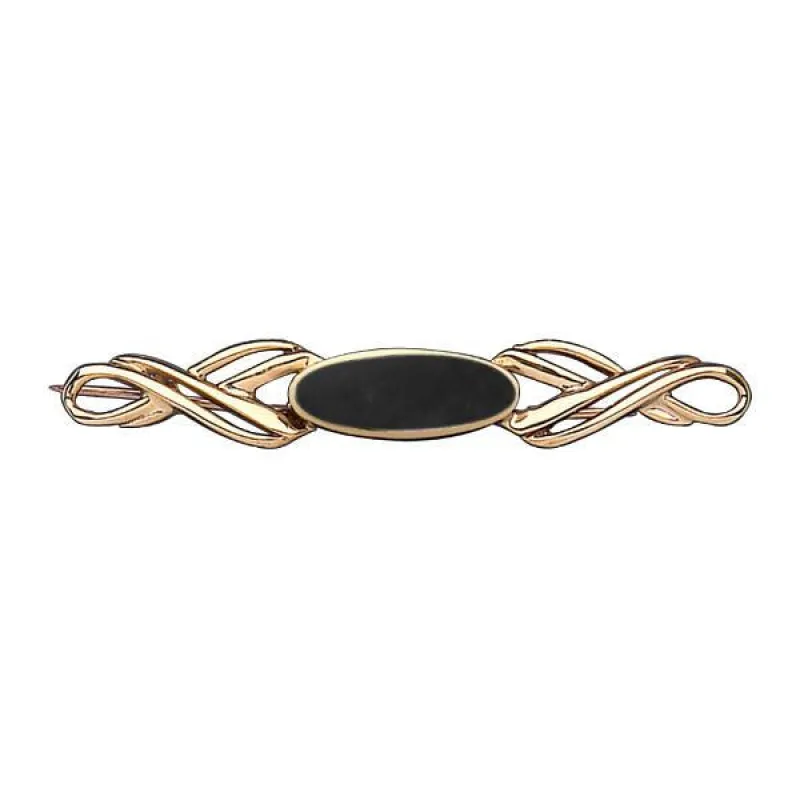 9ct Yellow Gold Whitby Jet Long Oval Twisted Bar Brooch sold by Jura Watches