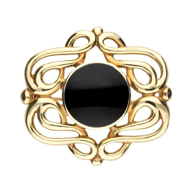 9ct Yellow Gold Whitby Jet Round Fancy Swirl Brooch sold by Jura Watches