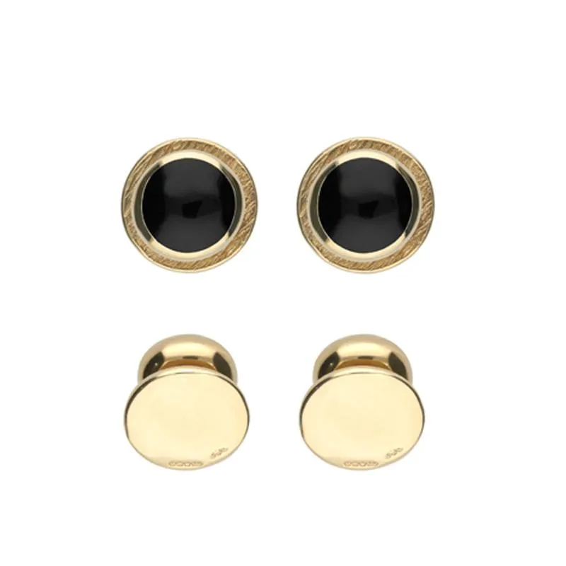 9ct Yellow Gold Whitby Jet Framed Round Shirt Studs sold by Jura Watches