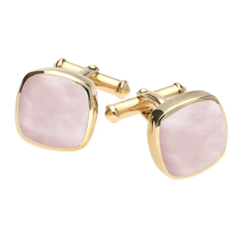 9ct Yellow Gold Pink Mother Of Pearl Square Cushion Cufflinks sold by Jura Watches
