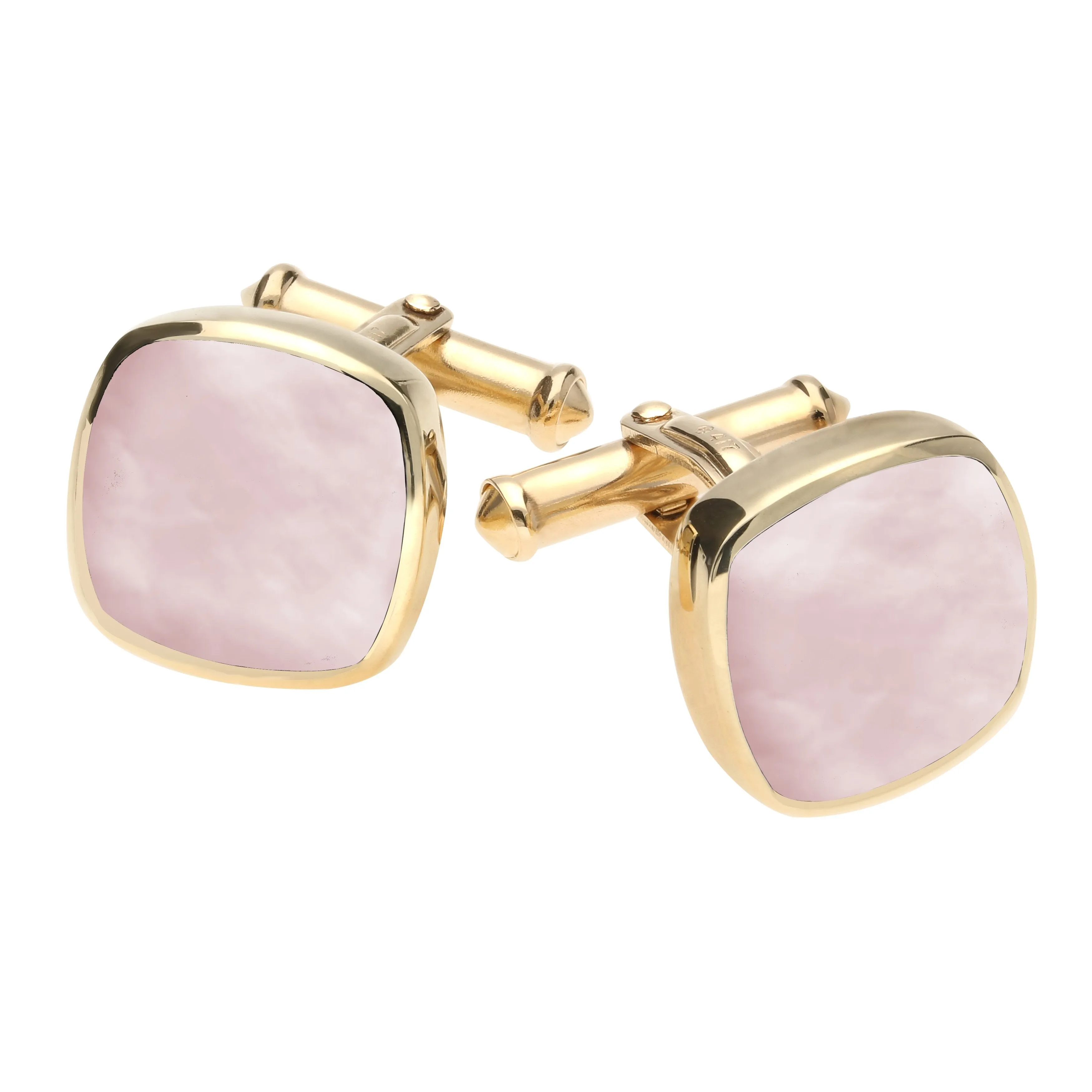 9ct Yellow Gold Pink Mother Of Pearl Square Cushion Cufflinks sold by Jura Watches