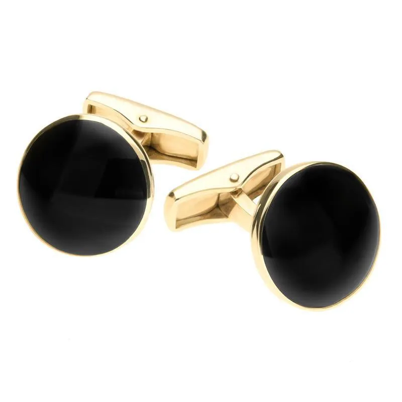 9ct Yellow Gold Whitby Jet Round Cufflinks sold by Jura Watches