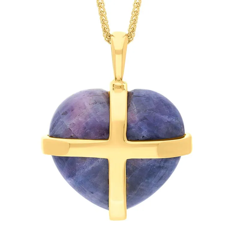 18ct Yellow Gold Northern Lights Greenland Sapphire Large Cross Heart Necklace sold by Jura Watches