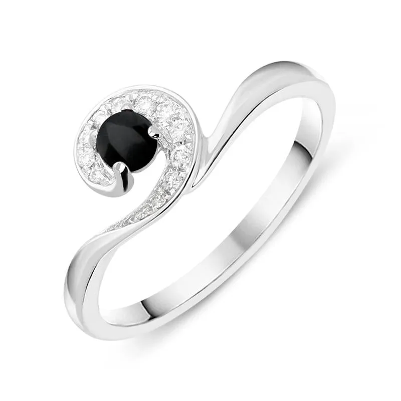 18ct White Gold Whitby Jet Diamond Stone Swirl Ring sold by Jura Watches