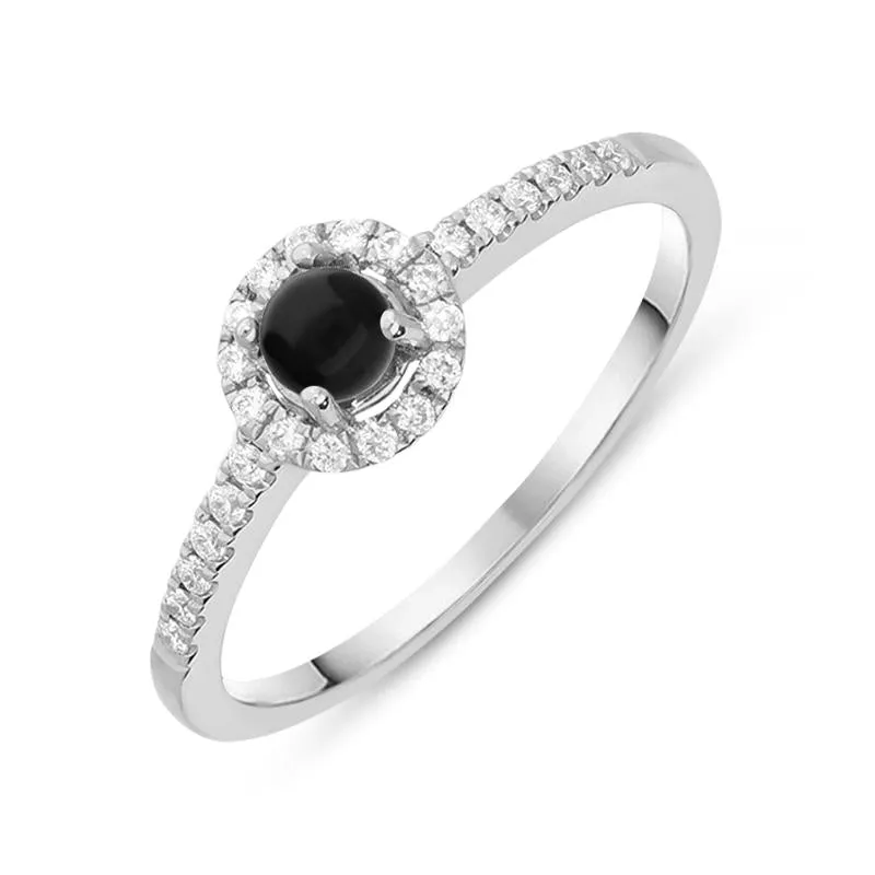 18ct White Gold Whitby Jet Diamond Shoulder Round Ring sold by Jura Watches
