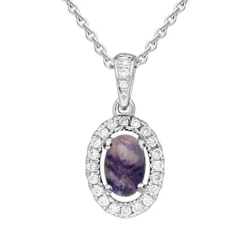 18ct White Gold Blue John 0.10ct Diamond Set Oval Necklace sold by Jura Watches