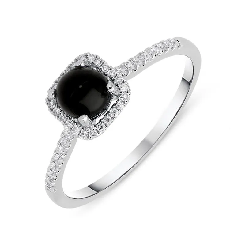 18ct White Gold Whitby Jet 0.16ct Diamond Square Cluster Ring sold by Jura Watches