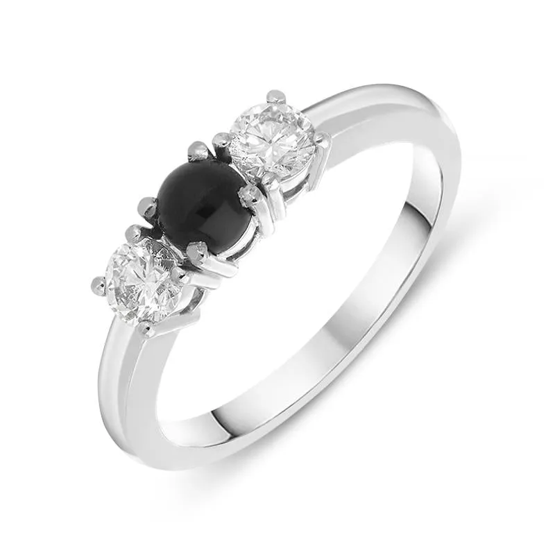 18ct White Gold Whitby Jet 0.40ct Diamond Trilogy Ring sold by Jura Watches