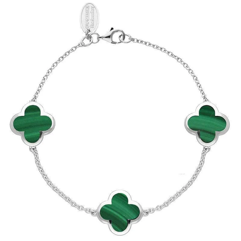 Sterling Silver Malachite Bloom Four Leaf Clover Chain Bracelet sold by Jura Watches
