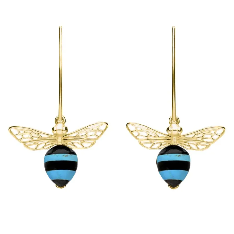9ct Yellow Gold Turquoise Whitby Jet Bee Small Hook Earrings sold by Jura Watches