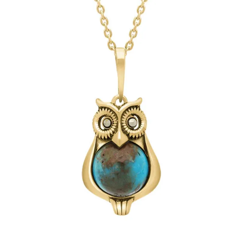 9ct Yellow Gold Turquoise Marcasite Small Owl Necklace sold by Jura Watches