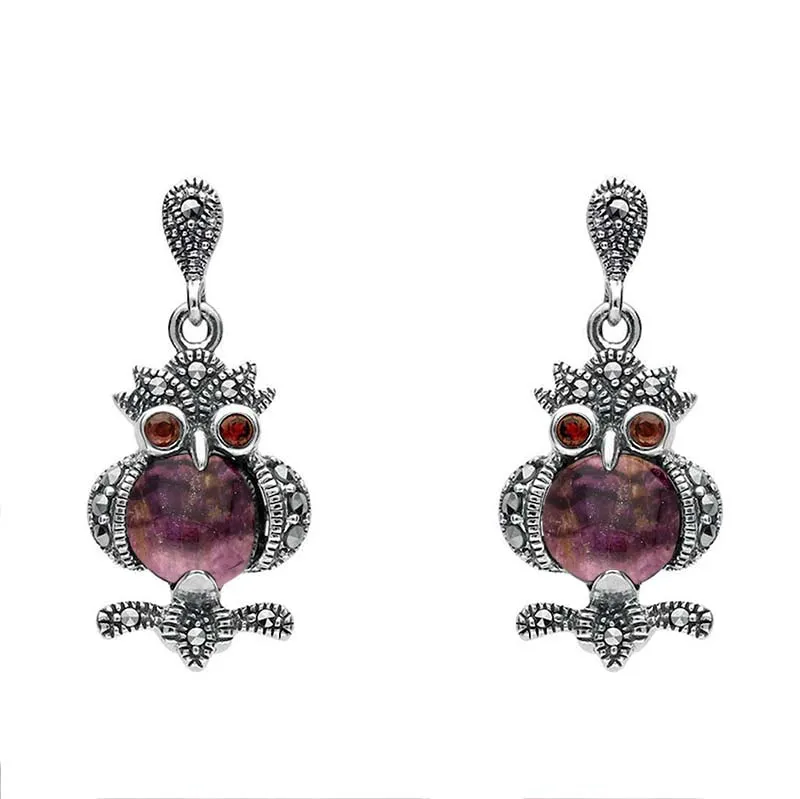 Sterling Silver Blue John Marcasite and Garnet Owl Drop Earrings sold by Jura Watches