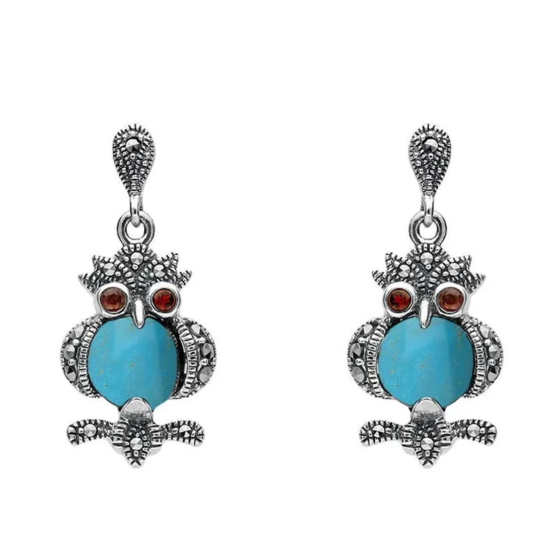 Sterling Silver Turquoise Marcasite and Garnet Owl Drop Earrings sold by Jura Watches