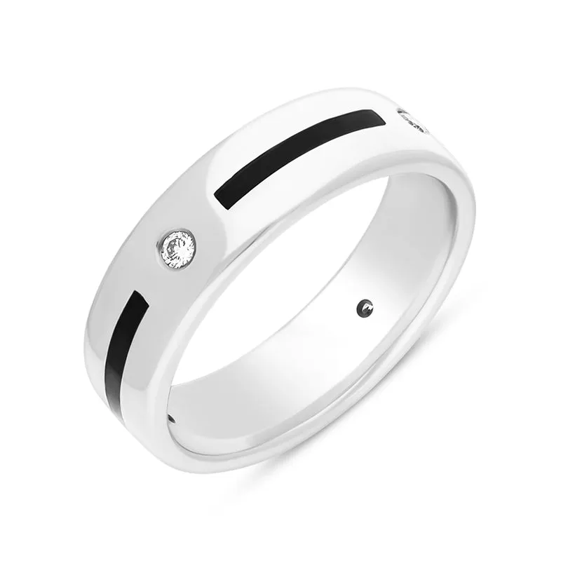 Sterling Silver Whitby Jet Diamond 6mm Patterned Wedding Band Ring D sold by Jura Watches