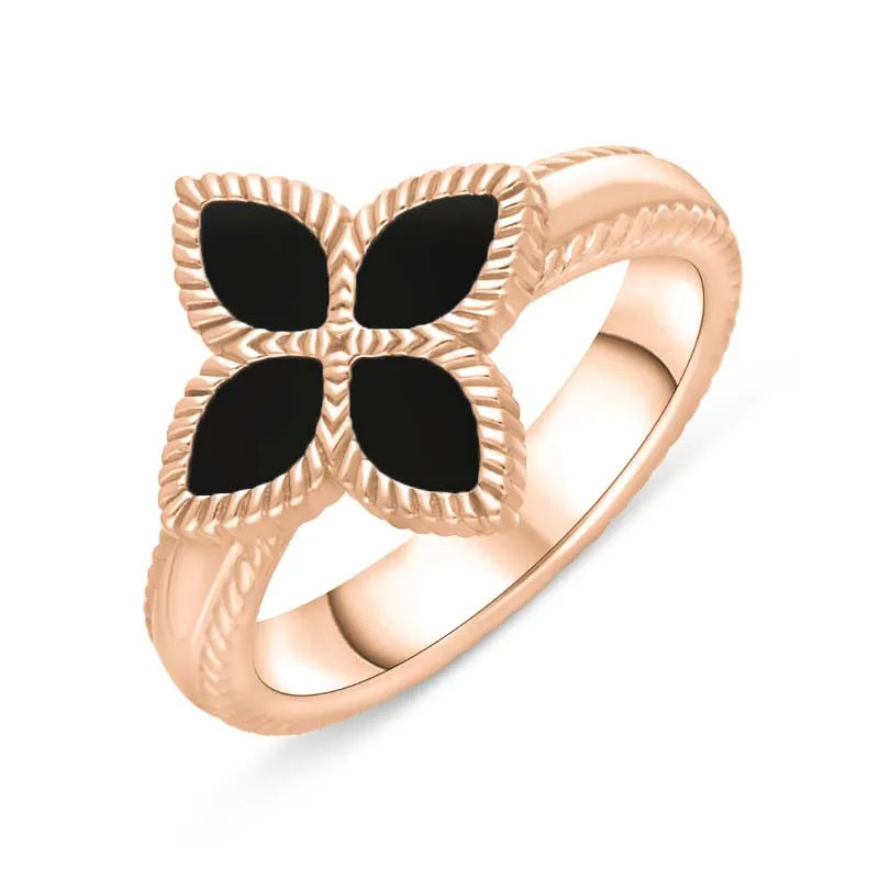 9ct Rose Gold Whitby Jet Eden Marquise Flower Ring sold by Jura Watches