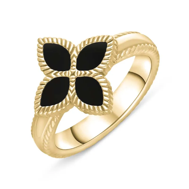 9ct Yellow Gold Whitby Jet Eden Marquise Flower Ring sold by Jura Watches