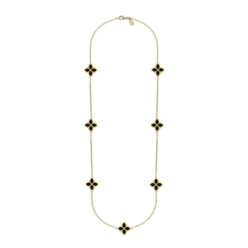 9ct Yellow Gold Whitby Jet Eden Long Marquise Flower Necklace sold by Jura Watches