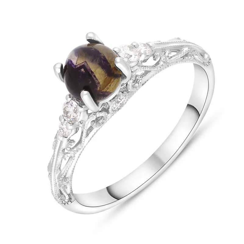 18ct White Gold Blue John Diamond 0.18ct Ornate Claw Set Ring sold by Jura Watches