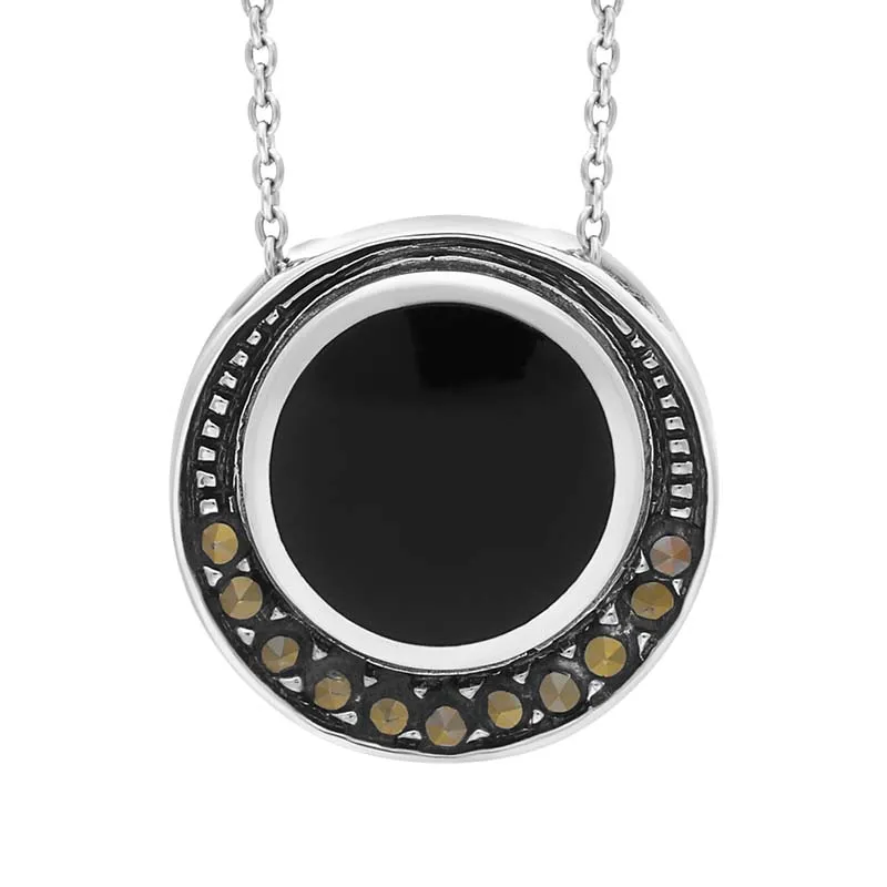 Sterling Silver Whitby Jet and Marcasite Round Framed Necklace D sold by Jura Watches