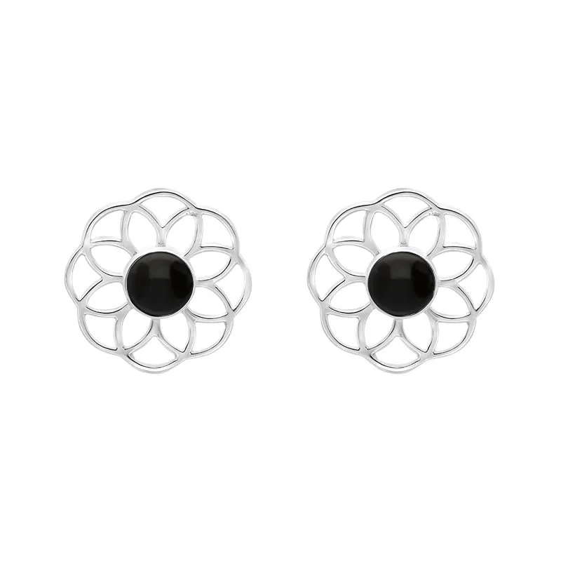 Sterling Silver Whitby Jet Flower Stud Earrings sold by Jura Watches