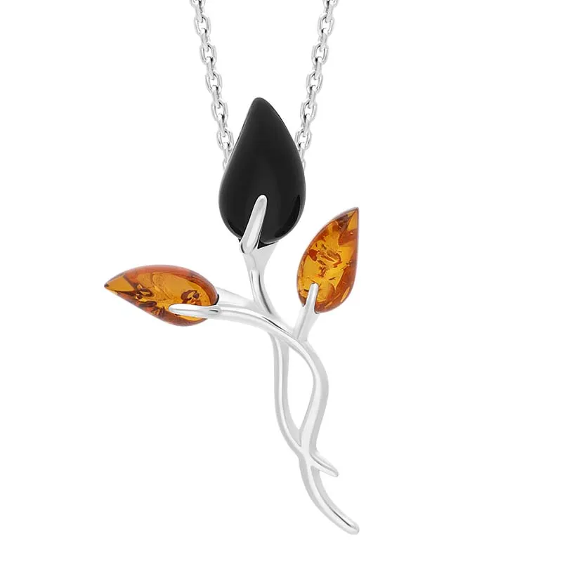 Sterling Silver Whitby Jet Amber Triple Stem Leaf Necklace sold by Jura Watches