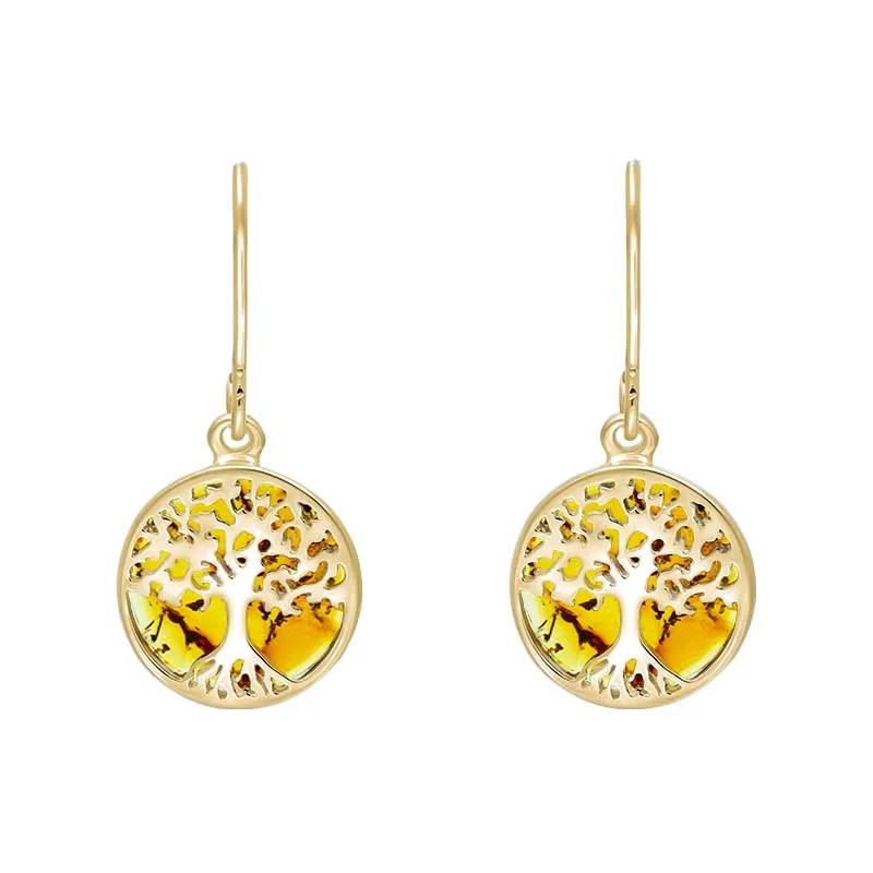 9ct Yellow Gold Amber Round Tree of Life Drop Earrings sold by Jura Watches