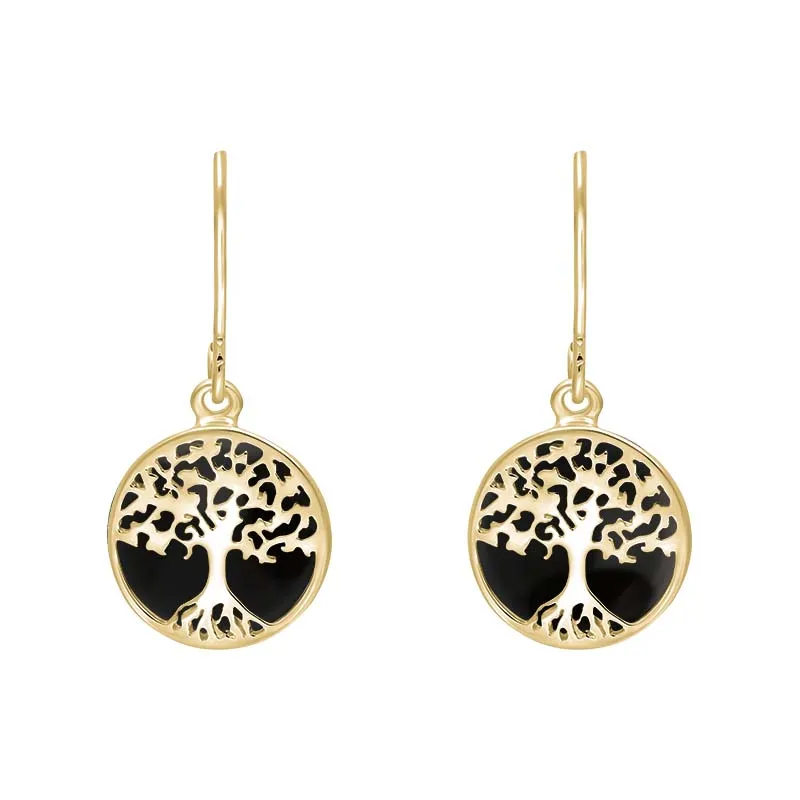 9ct Yellow Gold Whitby Jet Round Tree of Life Drop Earrings sold by Jura Watches