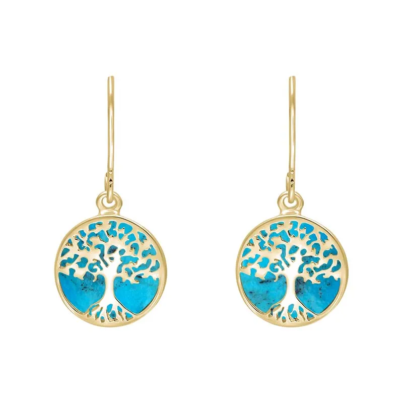 9ct Yellow Gold Turquoise Round Tree of Life Drop Earrings sold by Jura Watches