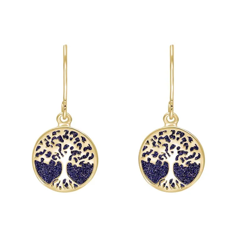 9ct Yellow Gold Blue Goldstone Round Tree of Life Drop Earrings sold by Jura Watches