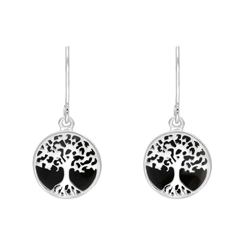 Sterling Silver Whitby Jet Round Tree of Life Drop Earrings sold by Jura Watches