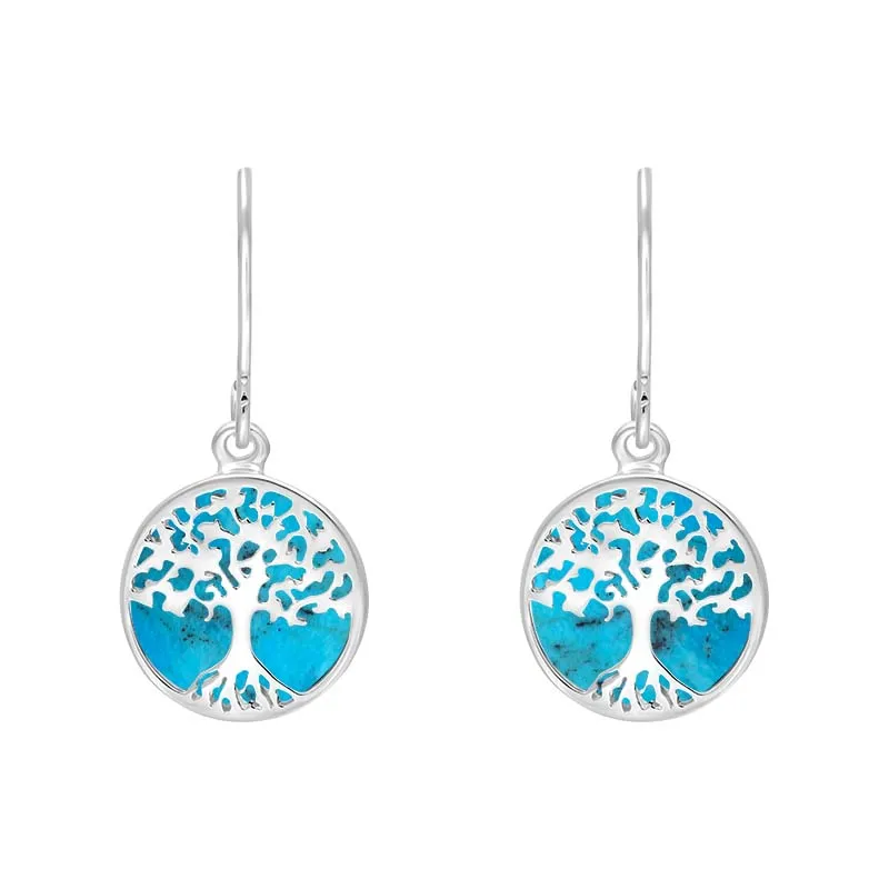 Sterling Silver Turquoise Round Tree of Life Drop Earrings sold by Jura Watches