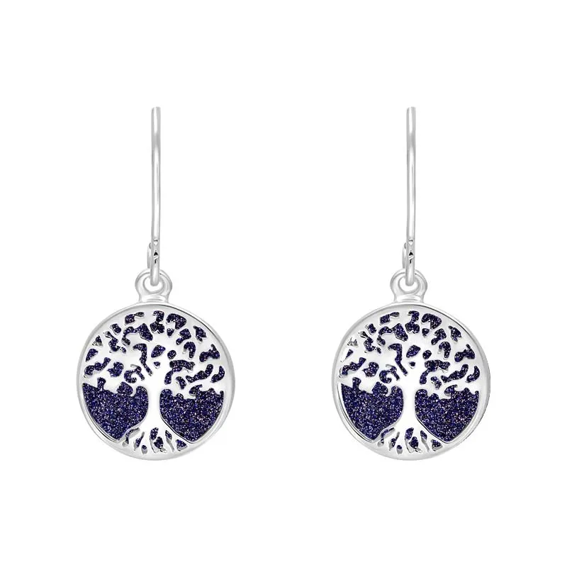 Sterling Silver Blue Goldstone Round Tree of Life Drop Earrings sold by Jura Watches