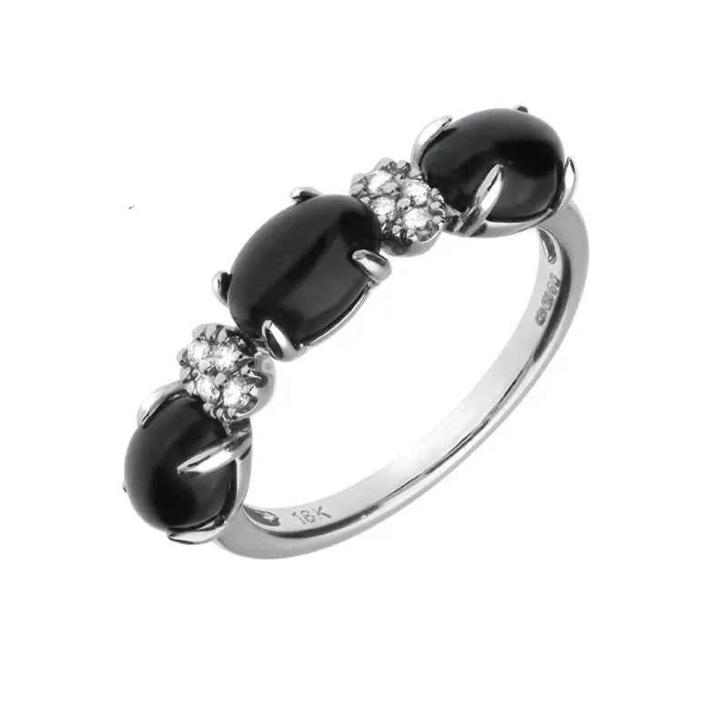 18ct White Gold Whitby Jet 0.08ct Diamond 3 Stone Oval Ring D sold by Jura Watches
