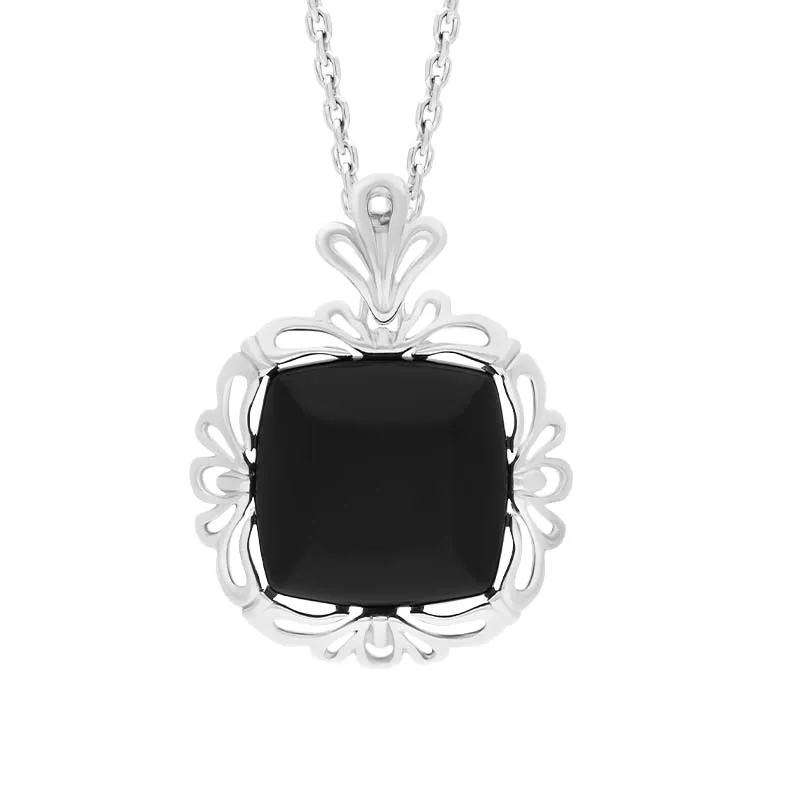 Sterling Silver Whitby Jet Ornate Edged Necklace sold by Jura Watches