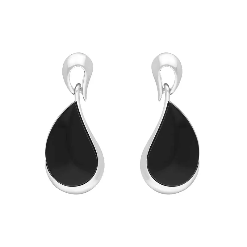 Sterling Silver Whitby Jet Organic Curved Pear Drop Earrings sold by Jura Watches