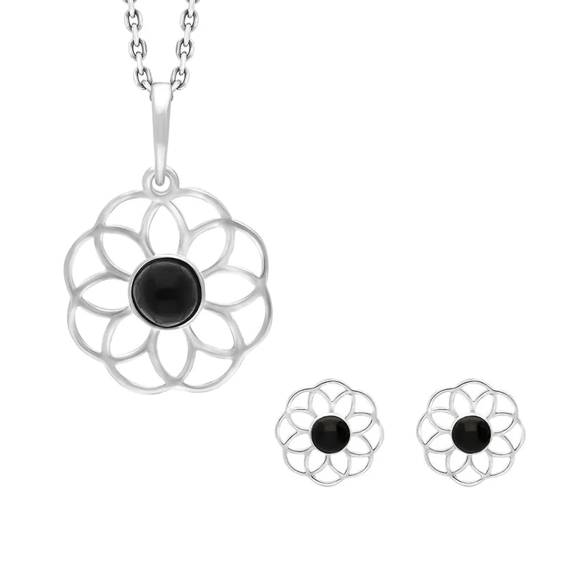 Sterling Silver Whitby Jet Flower Two Piece Set sold by Jura Watches