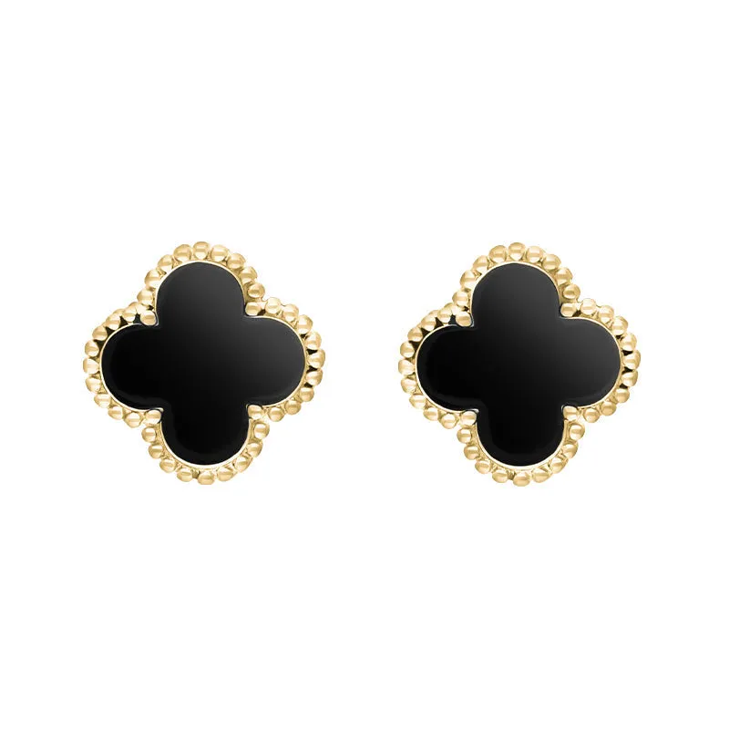 18ct Yellow Gold Whitby Jet Bloom Four Leaf Clover Ball Edge Stud Earrings sold by Jura Watches