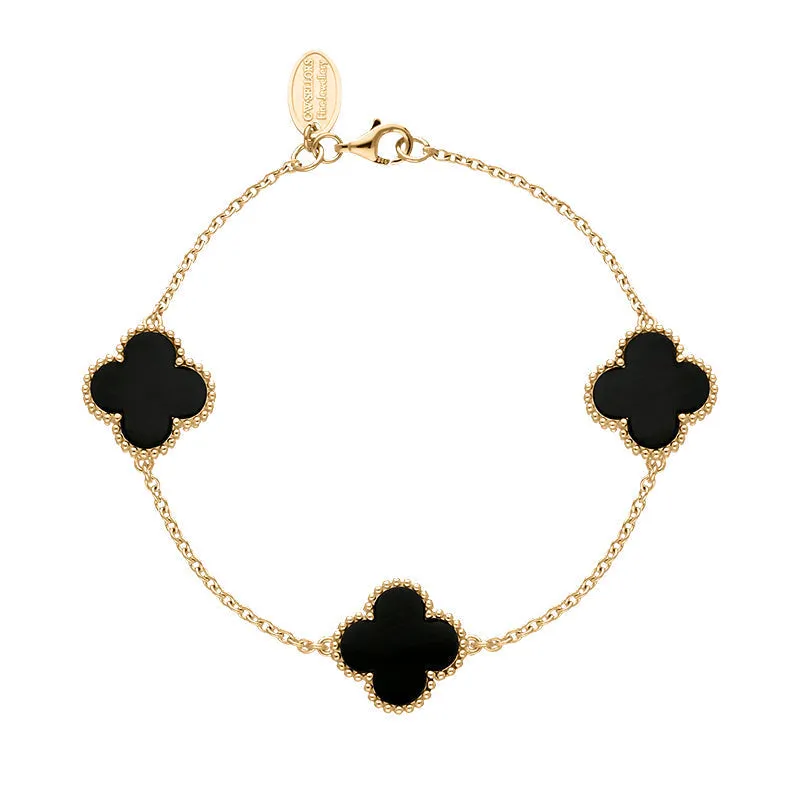 18ct Rose Gold Whitby Jet Bloom Four Leaf Clover Ball Edge Chain Bracelet sold by Jura Watches