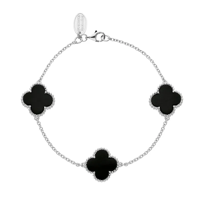 18ct White Gold Whitby Jet Bloom Four Leaf Clover Ball Edge Chain Bracelet sold by Jura Watches
